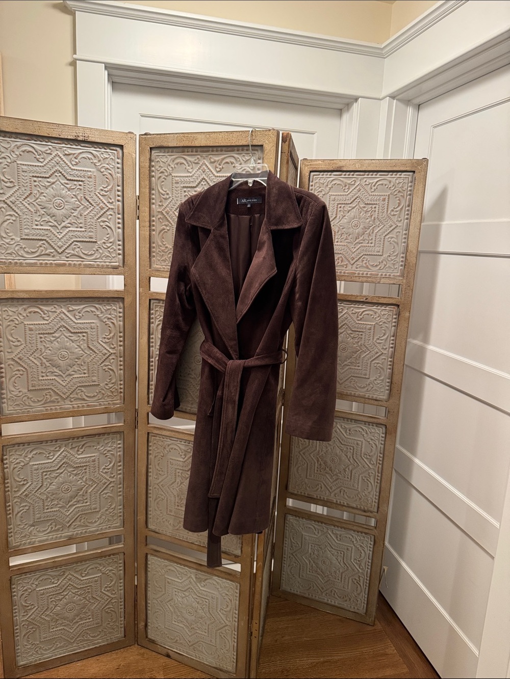 Anne Klein Dark Brown Suede Belted Trench Coat
